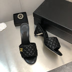CHANEL rev cone heel mule slide sandal black quilted lambskin 6cm