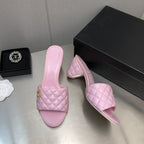 CHANEL rev cone heel mule slide sandal pink quilted lambskin 6cm