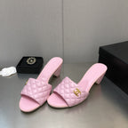 CHANEL rev cone heel mule slide sandal pink quilted lambskin 6cm
