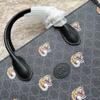 GUCCI TIGER PRINT MEDIUM TOTE BAG 38 IN BLACK CANVAS AND LEATHER TRIM