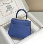 HERMES KELLY MINI 20 BAG IN AZURE BLUE CALFSKIN WITH GOLD HARDWARE