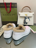 GUCCI LOAFER IN WHITE MIX LIGHT PINK CALFSKIN WITH BEIGE WOOL LINING