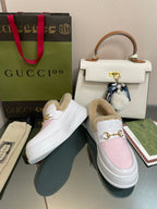 GUCCI LOAFER IN WHITE MIX LIGHT PINK CALFSKIN WITH BEIGE WOOL LINING