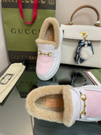 GUCCI LOAFER IN WHITE MIX LIGHT PINK CALFSKIN WITH BEIGE WOOL LINING