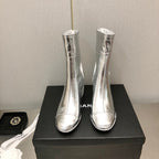 CHANEL BLOCK HEEL ANKLE BOOTS IN SILVER CALFSKIN