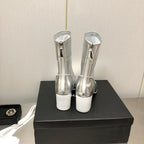 CHANEL BLOCK HEEL ANKLE BOOTS IN SILVER CALFSKIN