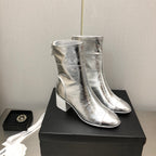 CHANEL BLOCK HEEL ANKLE BOOTS IN SILVER CALFSKIN