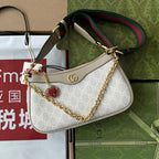 GUCCI OPHIDIA SMALL SHOULDER BAG 25 IN WHITE CANVAS AND OAT LAMBSKIN GOLD HARDWARE