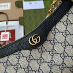 GUCCI OPHIDIA SMALL SHOULDER BAG 25 IN BEIGE CANVAS AND BLACK LAMBSKIN GOLD HARDWARE