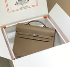 HERMES KELLY DEPECHES 34 BRIEFCASE IN ETOUPE TOGO CALFSKIN SILVER HARDWARE