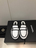CHANEL HALF-MULES IN WHITE MIX BLACK WOOL WOVEN