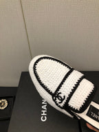 CHANEL HALF-MULES IN WHITE MIX BLACK WOOL WOVEN