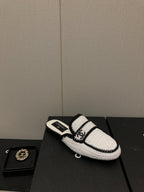 CHANEL HALF-MULES IN WHITE MIX BLACK WOOL WOVEN