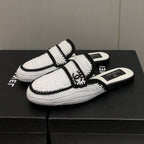 CHANEL HALF-MULES IN WHITE MIX BLACK WOOL WOVEN