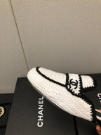 CHANEL HALF-MULES IN WHITE MIX BLACK WOOL WOVEN