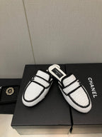 CHANEL HALF-MULES IN WHITE MIX BLACK WOOL WOVEN