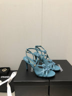 CHANEL FLORAL HIGH HEEL SANDAL IN SAPPHIRE BLUE LAMBSKIN