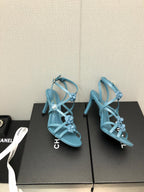 CHANEL FLORAL HIGH HEEL SANDAL IN SAPPHIRE BLUE LAMBSKIN