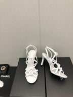 CHANEL FLORAL HIGH HEEL SANDAL IN WHITE LAMBSKIN