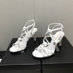 CHANEL FLORAL HIGH HEEL SANDAL IN WHITE LAMBSKIN