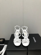 CHANEL FLORAL HIGH HEEL SANDAL IN WHITE LAMBSKIN
