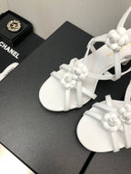 CHANEL FLORAL HIGH HEEL SANDAL IN WHITE LAMBSKIN