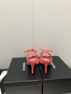 CHANEL FLORAL HIGH HEEL SANDAL IN DARK PINK LAMBSKIN