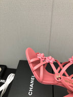 CHANEL FLORAL HIGH HEEL SANDAL IN DARK PINK LAMBSKIN