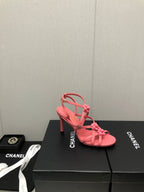 CHANEL FLORAL HIGH HEEL SANDAL IN DARK PINK LAMBSKIN