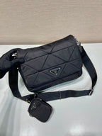 PRADA MEDIUM FLAP BAG 24 IN BLACK TRIANGULAR QUILTED PATTERN RE-NYLON