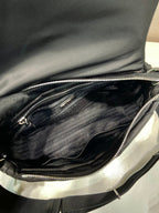 PRADA MEDIUM FLAP BAG 24 IN BLACK TRIANGULAR QUILTED PATTERN RE-NYLON