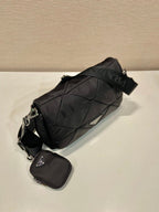 PRADA MEDIUM FLAP BAG 24 IN BLACK TRIANGULAR QUILTED PATTERN RE-NYLON