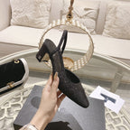 CHANEL slingback 6.5 glitter black grosgrain