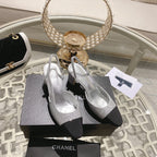 CHANEL slingback 6.5 glitter silver black grosgrain