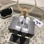 CHANEL slingback 6.5 glitter silver black grosgrain