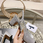 CHANEL slingback 6.5 glitter silver black grosgrain