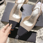 CHANEL slingback 6.5 glitter beige black grosgrain
