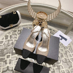 CHANEL slingback 6.5 glitter beige black grosgrain