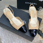 CHANEL SLINGBACKS 20 BEIGE CREAM MIX BLACK CALFSKIN