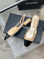 CHANEL SLINGBACKS 20 BEIGE CREAM MIX BLACK CALFSKIN