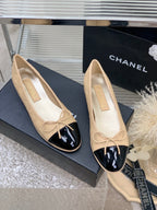 CHANEL BALLET FLAT GLOSSY BLACK MIX BEIGE LAMBSKIN