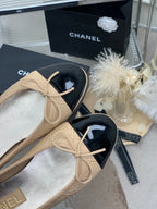 CHANEL BALLET FLAT GLOSSY BLACK MIX BEIGE LAMBSKIN