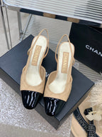 CHANEL HIGH SLINGBACKS 65 BEIGE CREAM MIX BLACK CALFSKIN