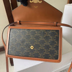 CELINE 25S WALLET MARGO 22MM IN BLACK TRIOMPHE CANVAS AND BROWN CALFSKIN