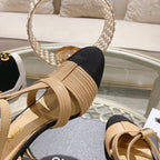 CHANEL Double C  Heeled Sandals Tan Cream Lambskin