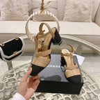 CHANEL Double C  Heeled Sandals Tan Cream Lambskin