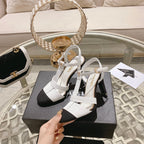CHANEL Double C  Heeled Sandals White Black Lambskin