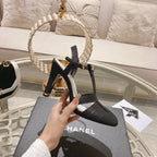 CHANEL Double C  Heeled Sandals Black Lambskin