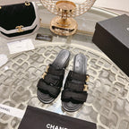 CHANEL Double C  Xiaoxiang Chain Fabric Head Chunky High Heel Black Lambskin