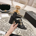 CHANEL Double C  Xiaoxiang Chain Fabric Head Chunky Heel Sandals Black Lambskin